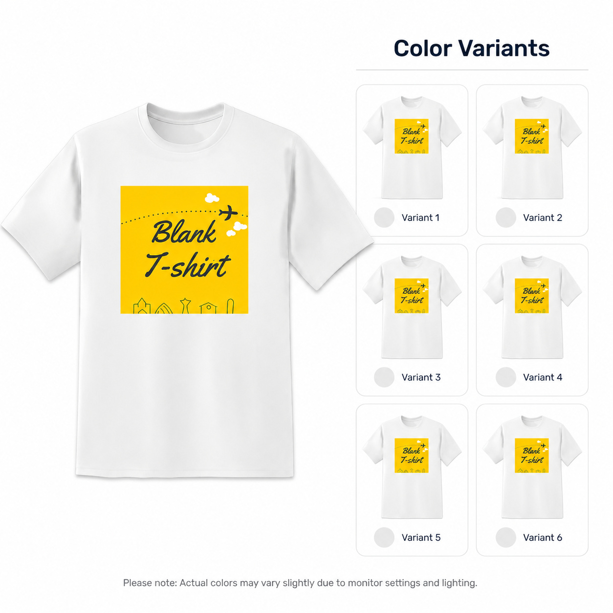 Colour Variants Display result for the same T-shirt, created using ListingReady while preserving the original colour, print, stitching, collar and proportions.
