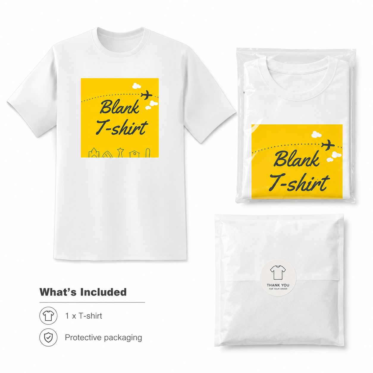 Folded packaging presentation of the same T-shirt, created using ListingReady with realistic folds and the original colour, print, stitching, collar and proportions preserved.
