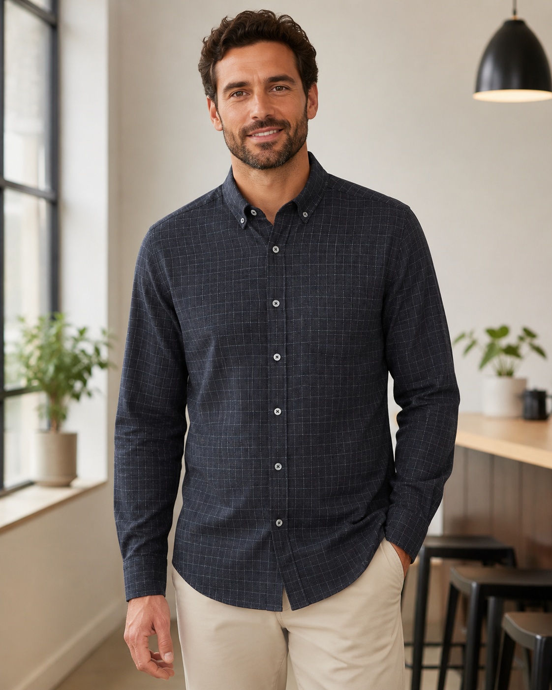 Lifestyle model wearing the same shirt, created using ListingReady while preserving the original colour, pattern, collar, buttons, sleeves, cuffs and proportions.