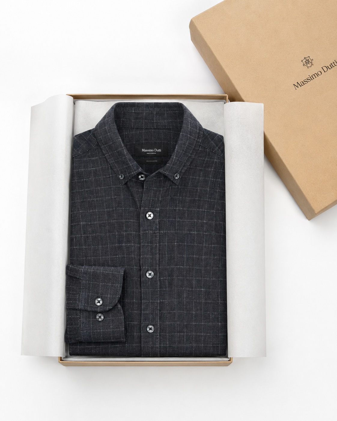 Folded packaging presentation of the same shirt, created using ListingReady with realistic folds and the original colour, pattern, collar, buttons, sleeves, cuffs and proportions preserved.