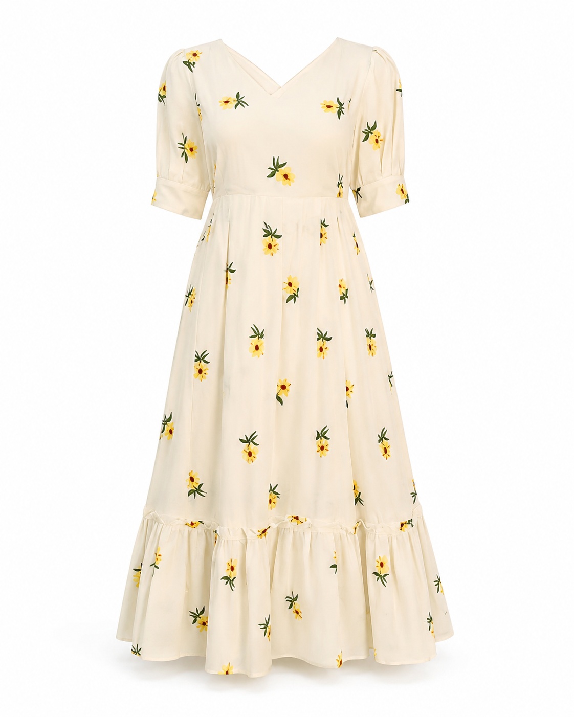 Amazon-ready main listing image of the same dress on a pure white background, created using ListingReady while preserving the original colour, print, neckline, waistline, hemline and proportions.