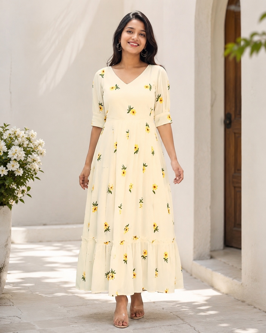 Lifestyle model wearing the same dress, created using ListingReady while preserving the original colour, print, neckline, waistline, hemline and proportions.