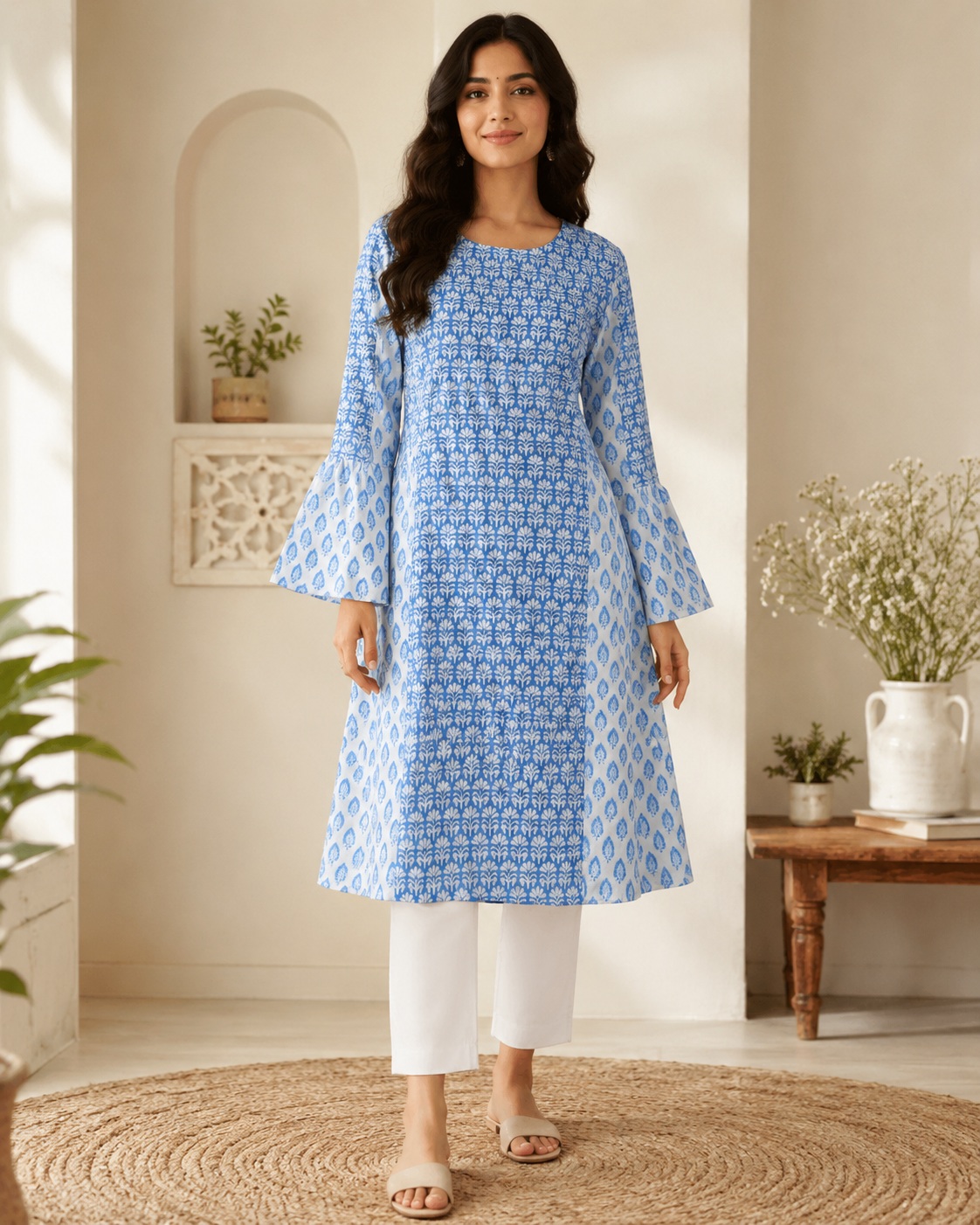 Styled outfit image featuring the same kurti or ethnic-wear garment as the hero product, created using ListingReady while preserving the original colour, embroidery, neckline, sleeves, side slits and proportions.