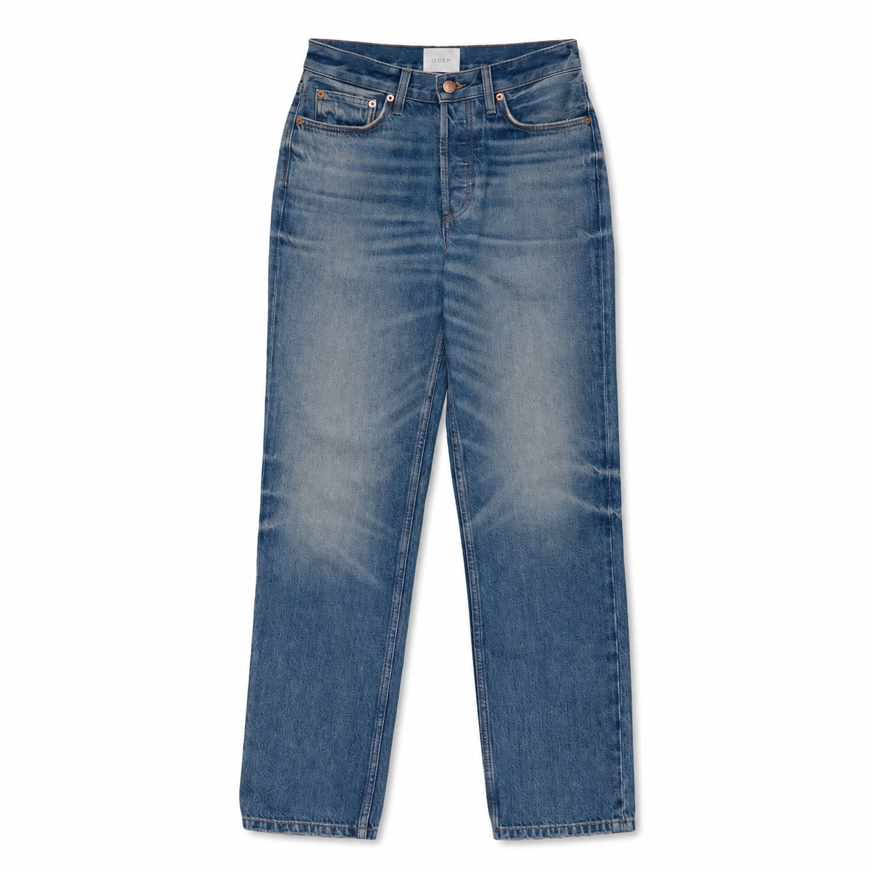 Amazon-ready main listing image of the same jeans or pants on a pure white background, created using ListingReady while preserving the original wash, waistband, pockets, stitching, seams, hem and proportions.