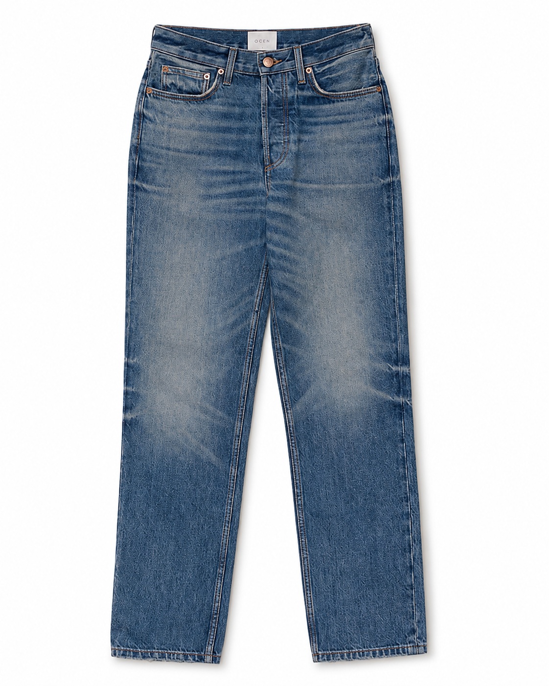 Top-down flat lay image of the same jeans or pants, created using ListingReady with the full product visible and the original wash, waistband, pockets, stitching, seams, hem and proportions preserved.
