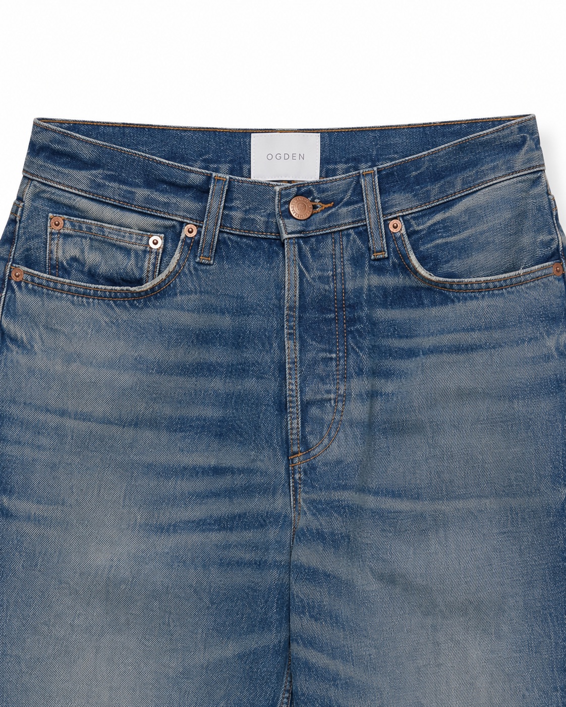 Jeans waistband and pocket detail showing the button, belt loops and stitching.
